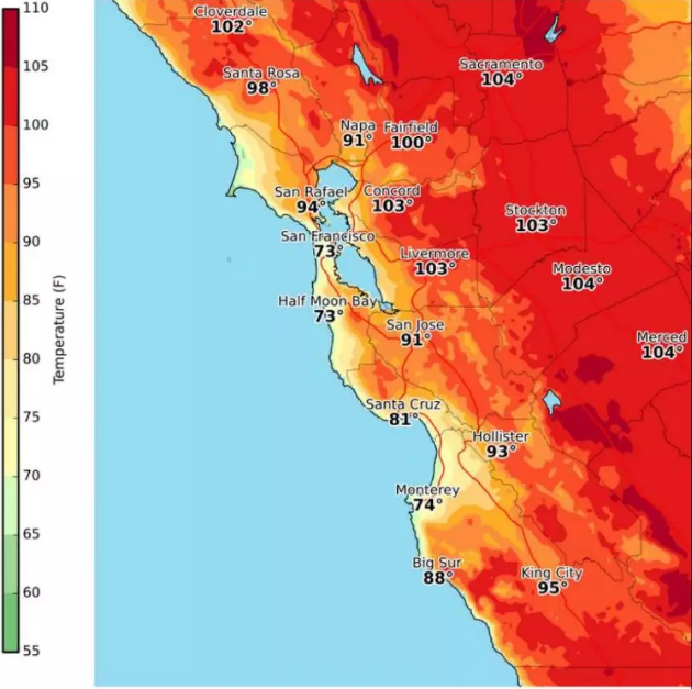 旧金山|  周末湾区暴热 高温飙到40度! 空气质量降低火灾风险增大！